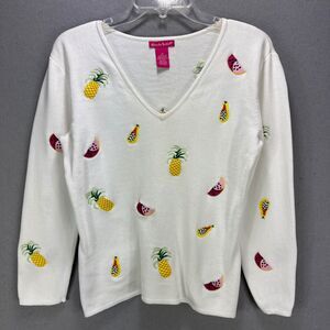 Vintage Alexandra Bartlett Sweater Women's M White Fruit Embroidered Whimsy